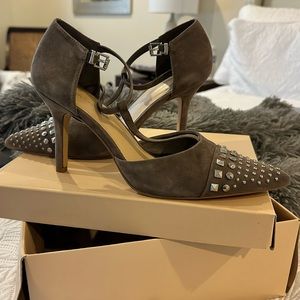 BCBG studded faux suede heels